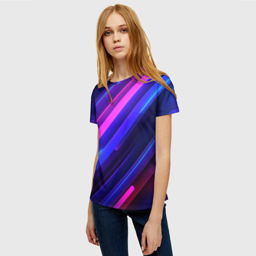 Женская футболка 3D Неоновые яркие абстрактные полосы, цвет 3D печать - фото 3