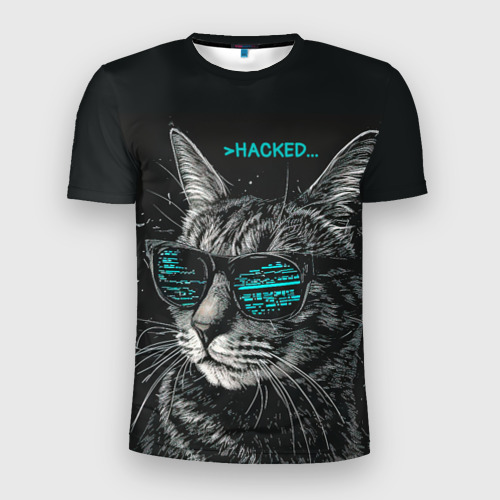 Мужская футболка 3D Slim с принтом Hacked cat, вид спереди #2