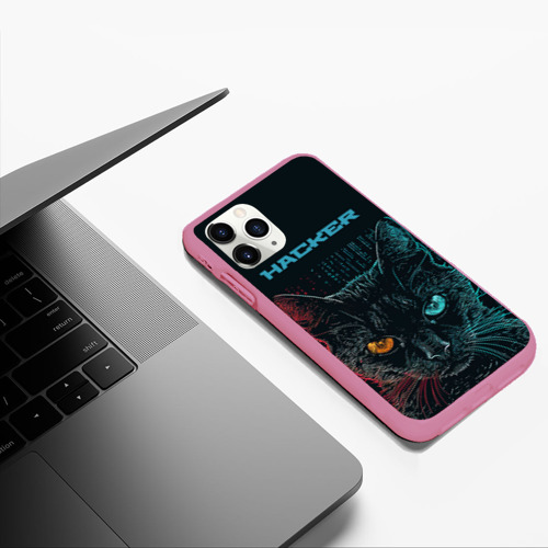 Чехол для iPhone 11 Pro Max матовый Cat    hacker, цвет малиновый - фото 5