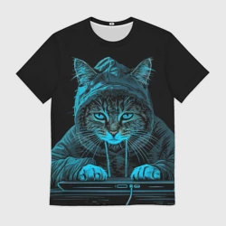 Мужская футболка 3D Кот хакер за клавиатурой