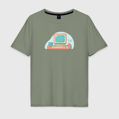 Мужская футболка хлопок Oversize с принтом Старый компьютер с клавиатурой, вид спереди #2