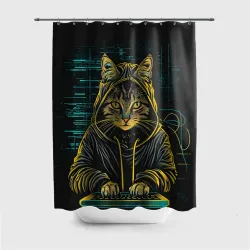 Штора 3D для ванной Хакер  кот 