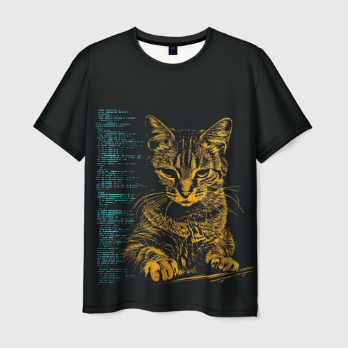 Мужская футболка с принтом Кот и программный код, вид спереди №1