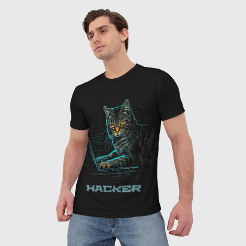 Мужская футболка 3D Cat  hacker, цвет 3D печать - фото 3