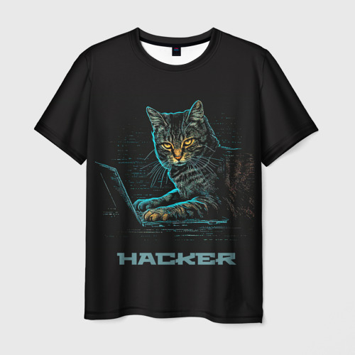 Мужская футболка с принтом Cat  hacker, вид спереди №1