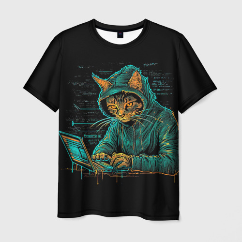 Мужская футболка с принтом Кот хакер за   ноутбуком, вид спереди №1
