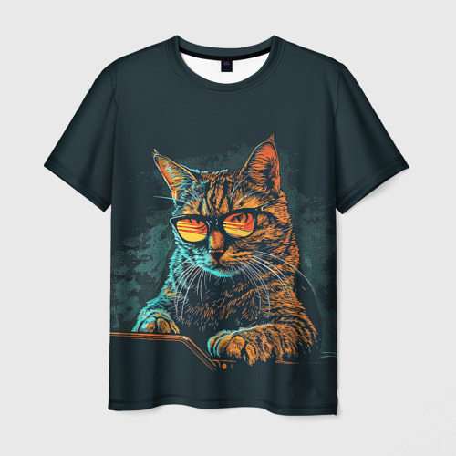 Мужская футболка с принтом Крутой кот хакер, вид спереди №1
