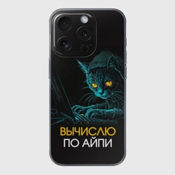 Чехол для iPhone 15 Pro Max силиконовый с защитой камеры Вычислю по айпи кот хакер