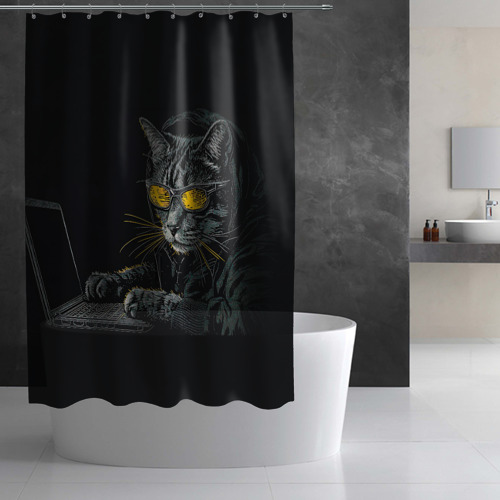 Штора 3D для ванной Кот хакер  в очках - фото 2