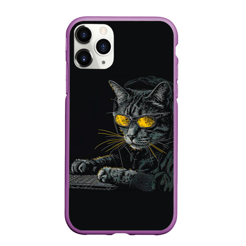 Чехол для iPhone 11 Pro Max матовый Кот хакер  в очках, цвет фиолетовый