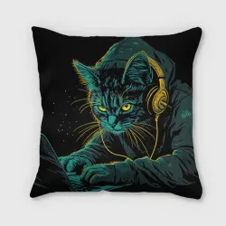 Подушка 3D Кот хакер с наушниками