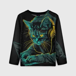 Детский лонгслив 3D Кот хакер с наушниками