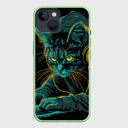 Чехол для iPhone 14 Кот хакер с наушниками