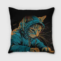 Подушка 3D Кот хакер в костюмчике
