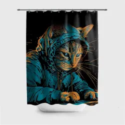 Штора 3D для ванной Кот хакер в костюмчике