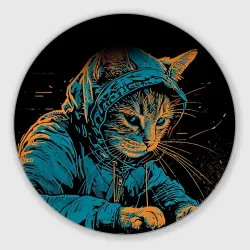 Круглый коврик для мышки Кот хакер в костюмчике