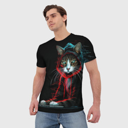 Мужская футболка 3D Кот хакер  в капюшоне - фото 2
