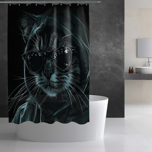 Штора 3D для ванной Кот хакер в черных очках - фото 2