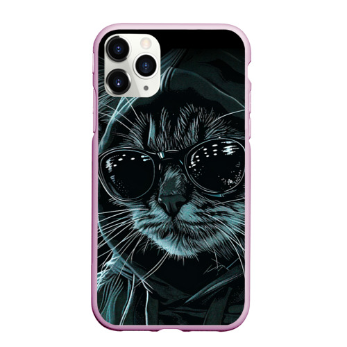Чехол для iPhone 11 Pro Max матовый Кот хакер в черных очках, цвет розовый