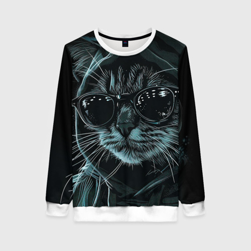 Женский свитшот 3D Кот хакер в черных очках, цвет 3D печать