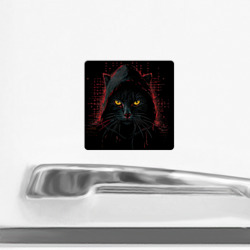 Магнит с принтом Черный кот  хакер для любого человека, вид спереди №2. Цвет основы: белый
