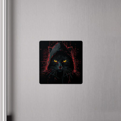 Магнит с принтом Черный кот  хакер для любого человека, вид спереди №4. Цвет основы: белый