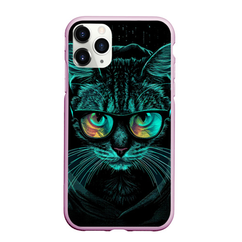Чехол для iPhone 11 Pro Max матовый Кот программист хакер, цвет розовый
