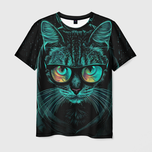 Мужская футболка с принтом Кот программист хакер, вид спереди №1