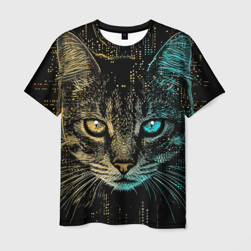 Мужская футболка с принтом Хакер кот с разноцветными глазами, вид спереди №1