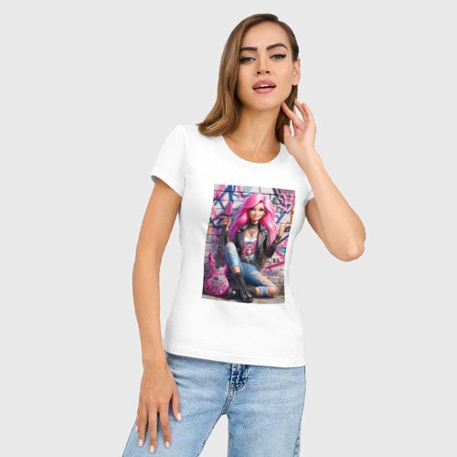 Женская футболка хлопок Slim Барби панк гитарист - нейросеть, цвет белый - фото 3
