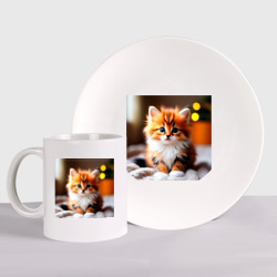 Набор: тарелка + кружка Милый рыжий котик и огоньки