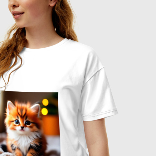 Женская футболка хлопок Oversize с принтом Милый рыжий котик и огоньки, фото на моделе #1