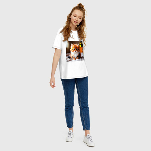 Женская футболка хлопок Oversize с принтом Милый рыжий котик и огоньки, вид сбоку #3