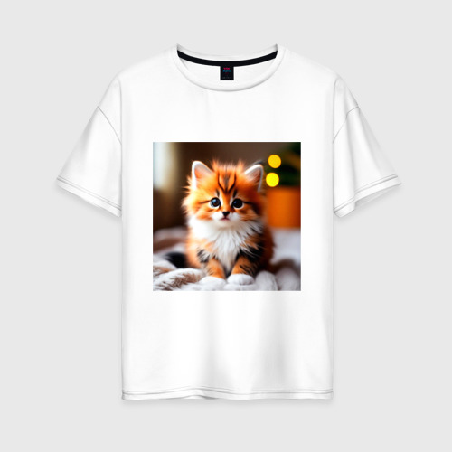 Женская футболка хлопок Oversize с принтом Милый рыжий котик и огоньки, вид спереди #2