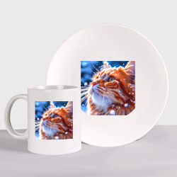 Набор: тарелка + кружка Пушистый рыжий кот в снегу 