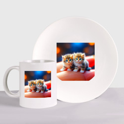 Набор: тарелка + кружка Два милых пушистых котика сидят на ладони