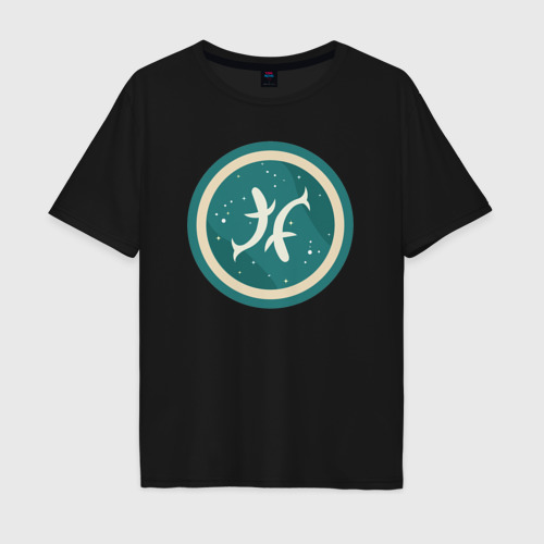 Мужская футболка хлопок Oversize Рыбы знак зодиака на фоне звезд, цвет черный