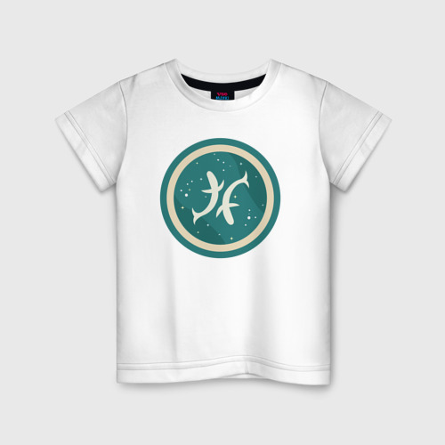 Детская футболка из хлопка с принтом Рыбы знак зодиака на фоне звезд, вид спереди №1