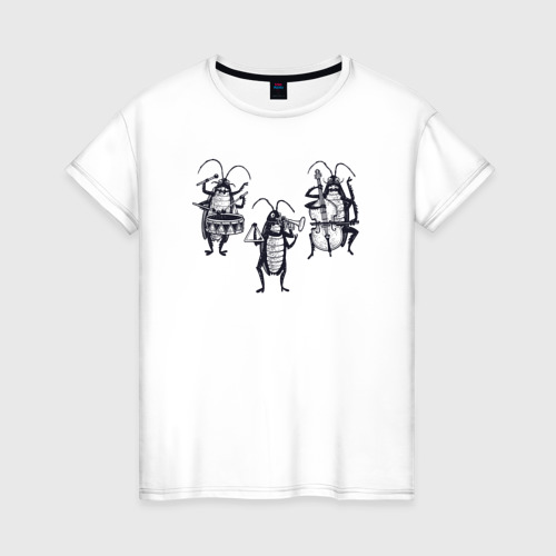 Женская футболка из хлопка с принтом Таракашки музыканты, вид спереди №1