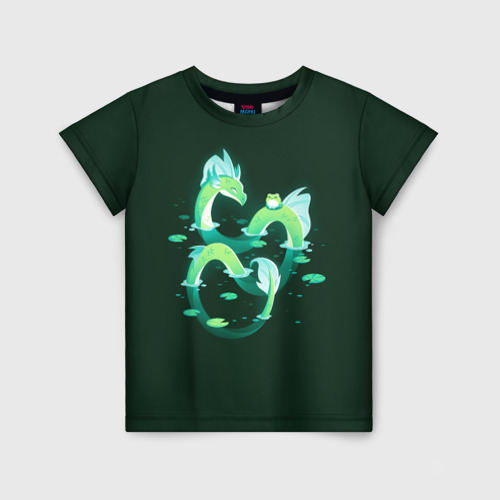 Детская футболка 3D с принтом Зеленый водный дракон, вид спереди #2
