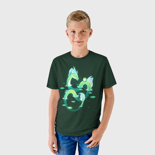 Детская футболка 3D с принтом Зеленый водный дракон, фото на моделе #1