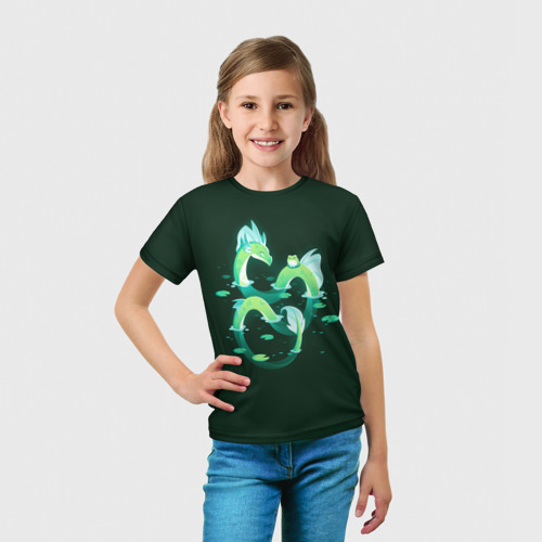 Детская футболка 3D с принтом Зеленый водный дракон, вид сбоку #3