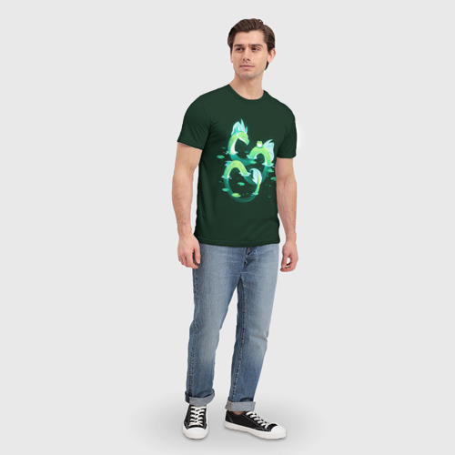 Мужская футболка 3D с принтом Зеленый водный дракон, вид сбоку #3
