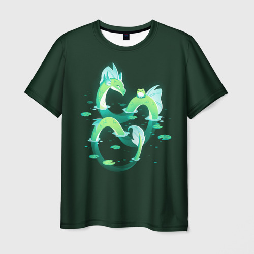 Мужская футболка 3D с принтом Зеленый водный дракон, вид спереди #2