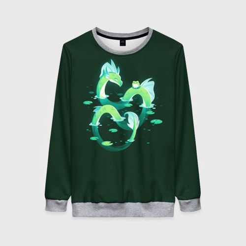 Женский свитшот 3D с принтом Зеленый водный дракон, вид спереди #2