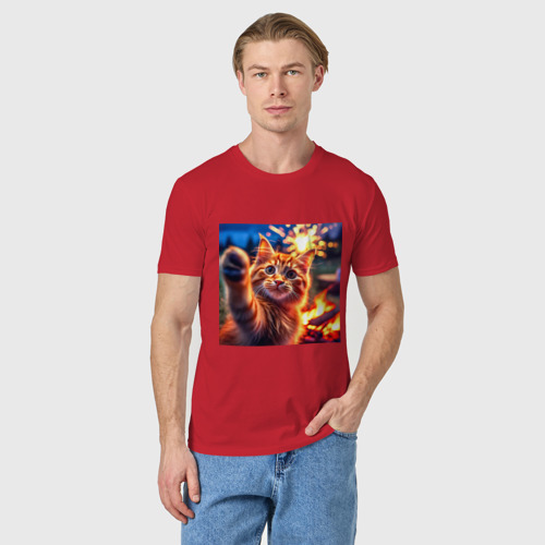 Мужская футболка хлопок с принтом Рыжий кот делает селфи и искры фейерверка, фото на моделе #1