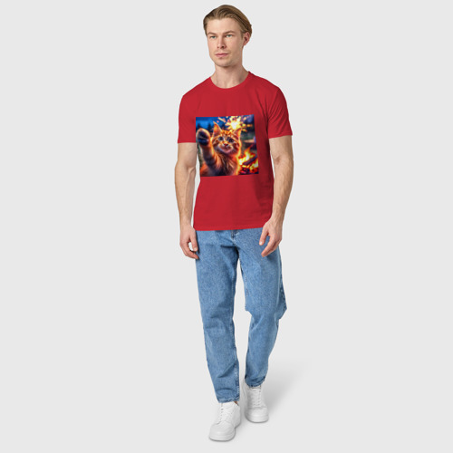 Мужская футболка хлопок с принтом Рыжий кот делает селфи и искры фейерверка, вид сбоку #3