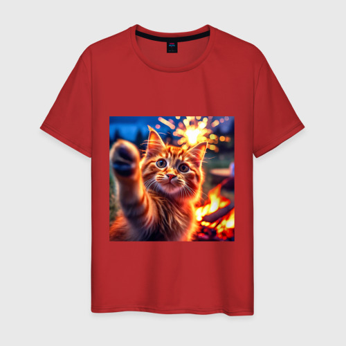 Мужская футболка хлопок с принтом Рыжий кот делает селфи и искры фейерверка, вид спереди #2