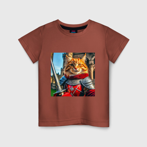 Детская футболка хлопок с принтом Рыжий кот рыцарь с мечом, вид спереди #2