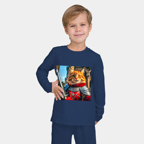 Детская пижама с лонгсливом хлопок с принтом Рыжий кот рыцарь с мечом, фото на моделе #1